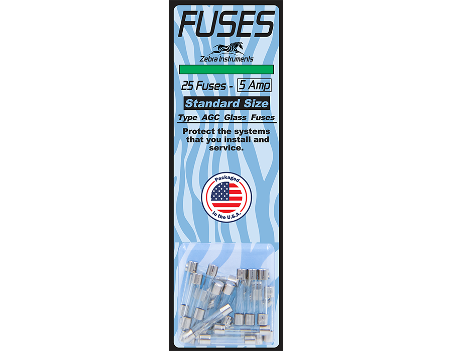 ZFG05 Fuses 25 Pack Standard Size Glass, FastActing, 5 Amp
