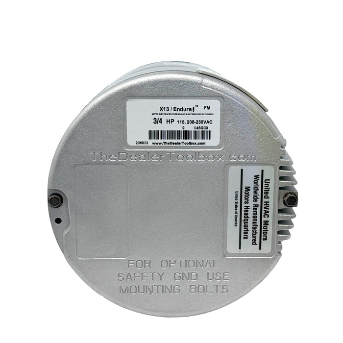 Nameplate on the back cover of a Genteq X13 blower motor showing horsepower and voltage