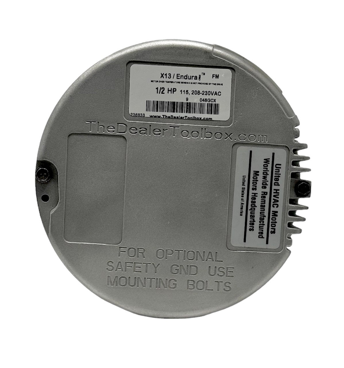 Genteq X13 Endura motor endbell nameplate showing 1/2 HP, 115 and 208-230VAC ratings and the manufacturer portal address