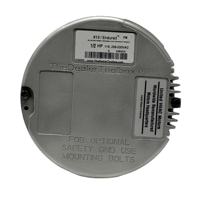 Genteq X13 Endura motor endbell nameplate showing 1/2 HP, 115 and 208-230VAC ratings and the manufacturer portal address