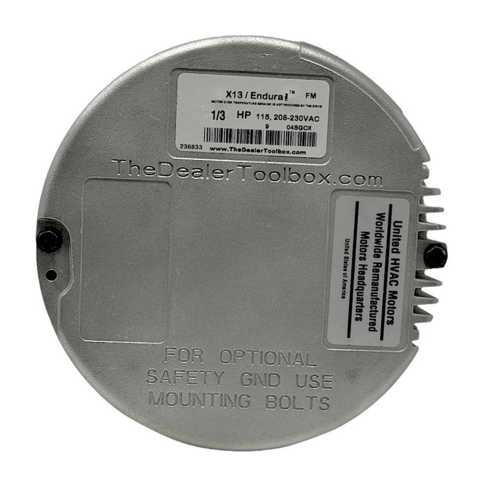 Genteq X13 blower motor nameplate with horsepower and voltage data used to identify the part before testing
