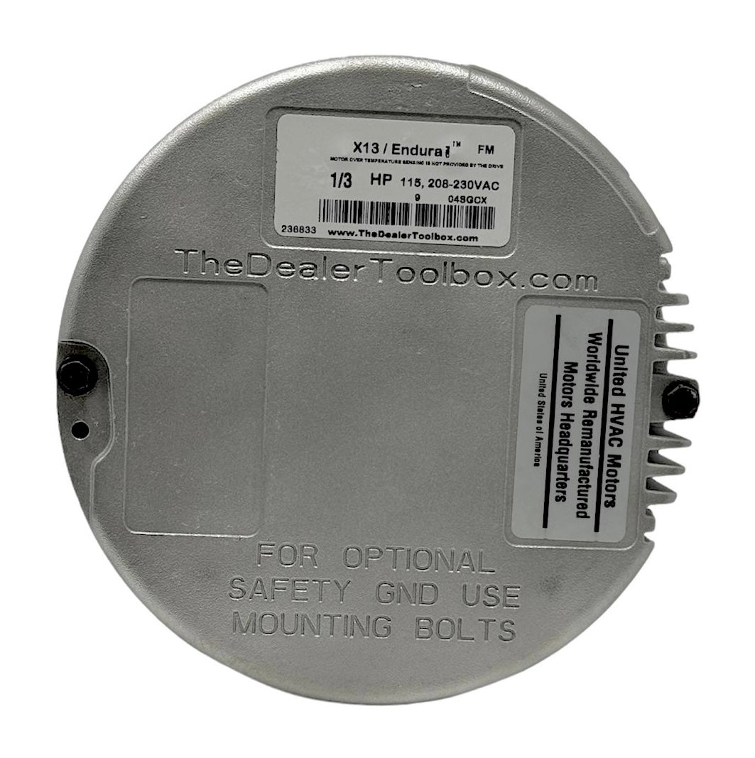 Genteq X13 blower motor nameplate with horsepower and voltage data used to identify the part before testing