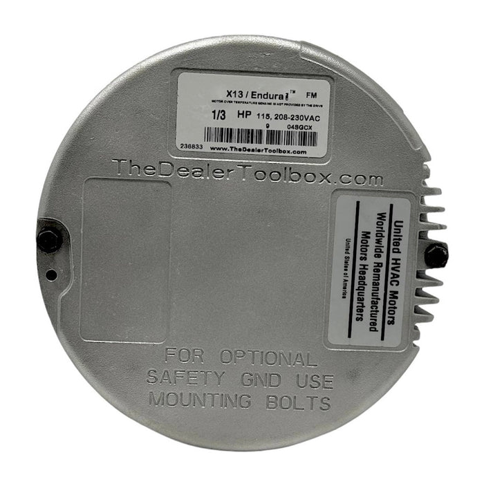 Genteq X13 blower motor nameplate with horsepower and voltage data used to identify the part before testing