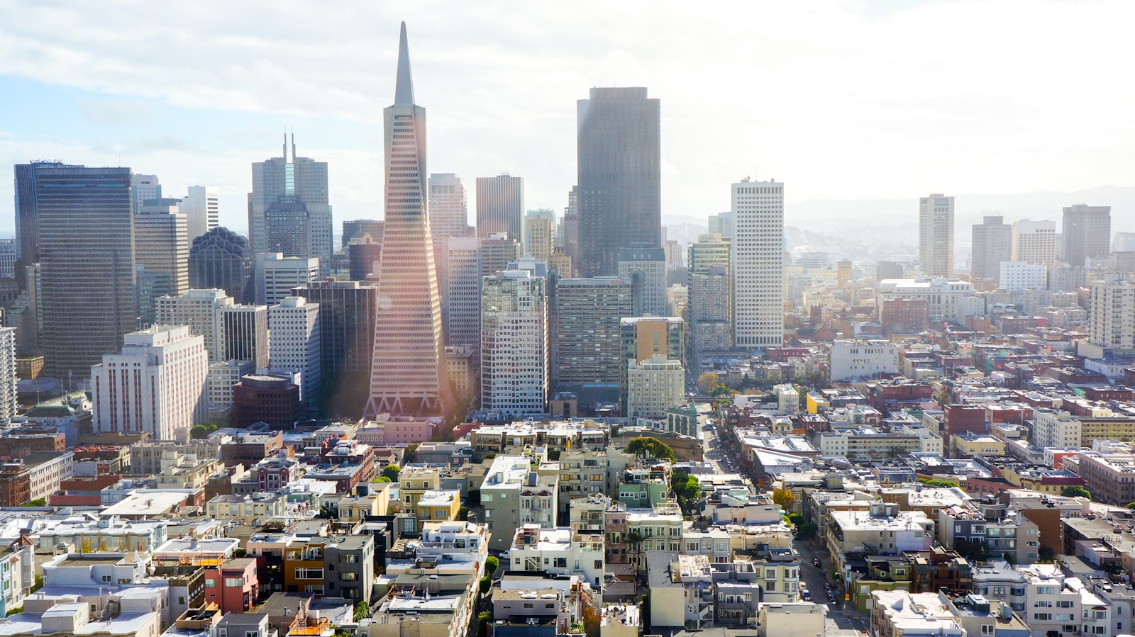 Aerial view of downtown San Jose, California under a blue sky