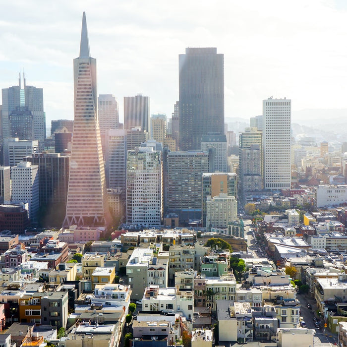 Aerial view of downtown San Jose, California under a blue sky