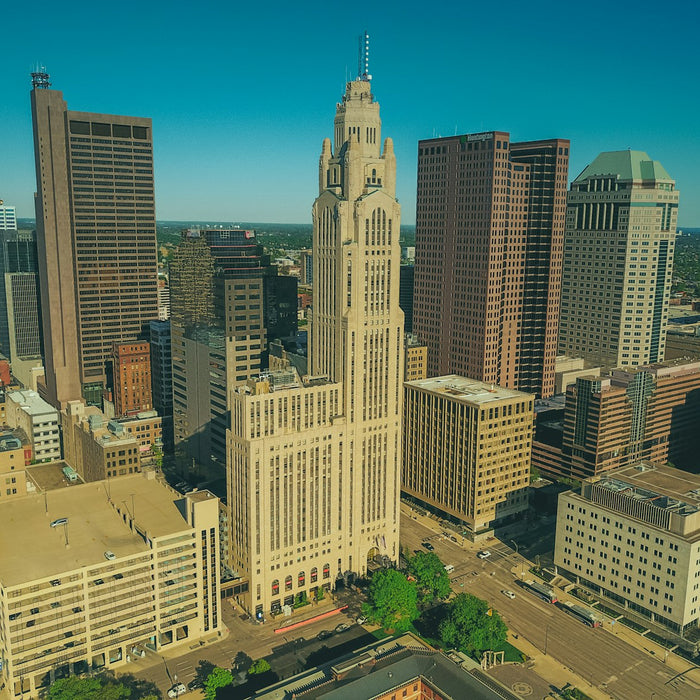 Aerial view of the downtown Columbus, Ohio skyline