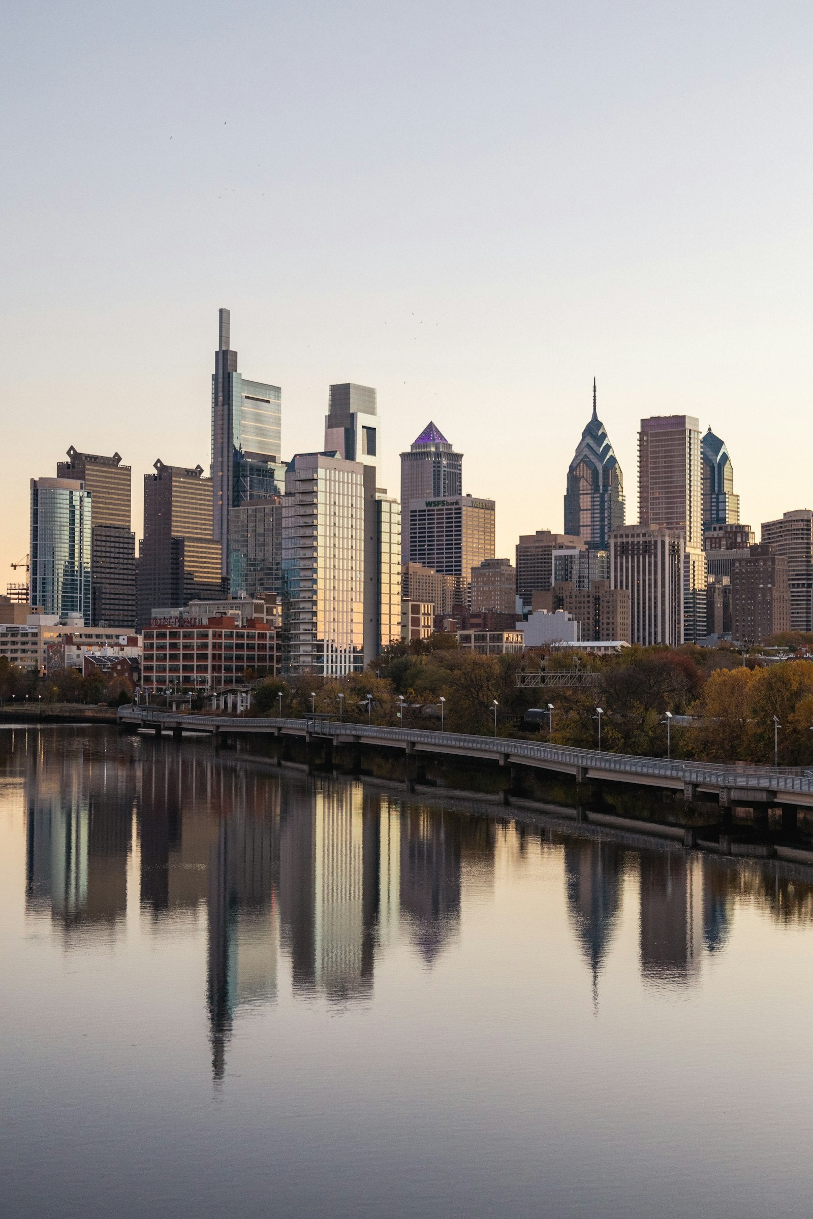 Philadelphia skyline reflected in the Schuylkill River at sunrise