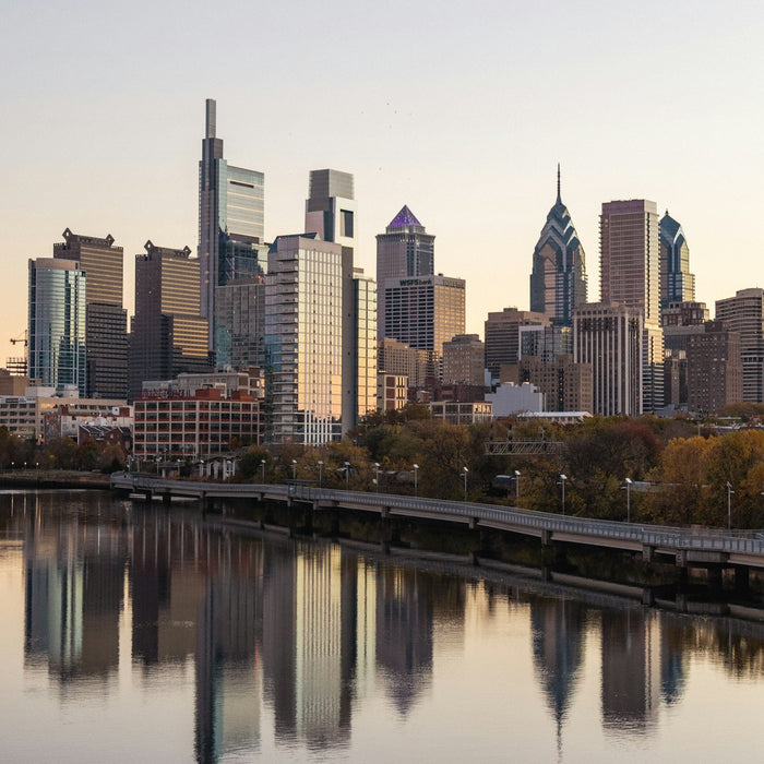 Philadelphia skyline reflected in the Schuylkill River at sunrise