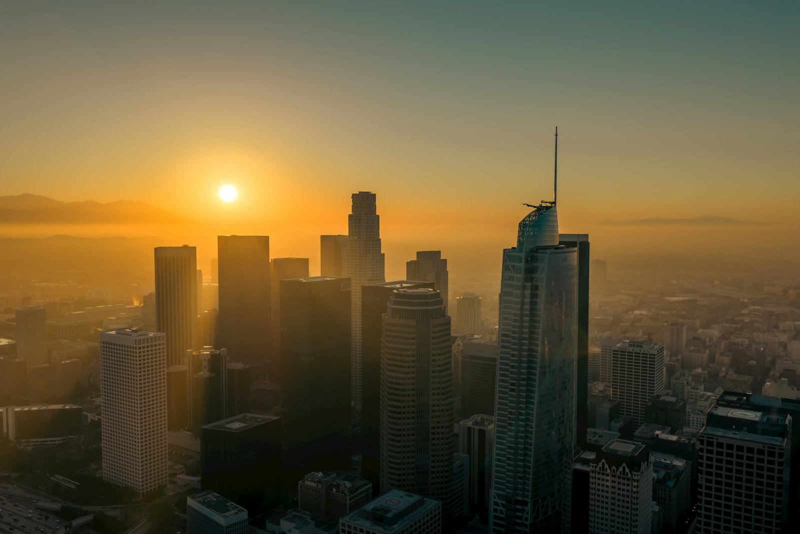 Downtown Los Angeles skyline at sunrise