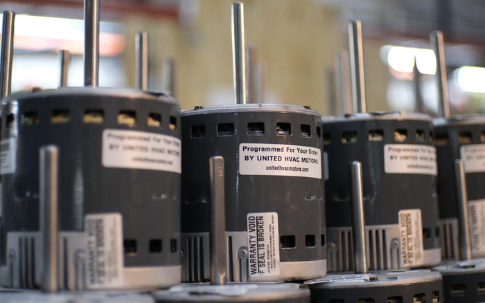 Remanufactured Genteq ECM blower motor at the United HVAC Motors shop in Tampa, Florida