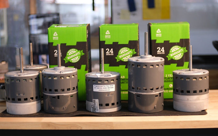 Remanufactured Genteq ECM blower motor at the United HVAC Motors shop in Tampa, Florida