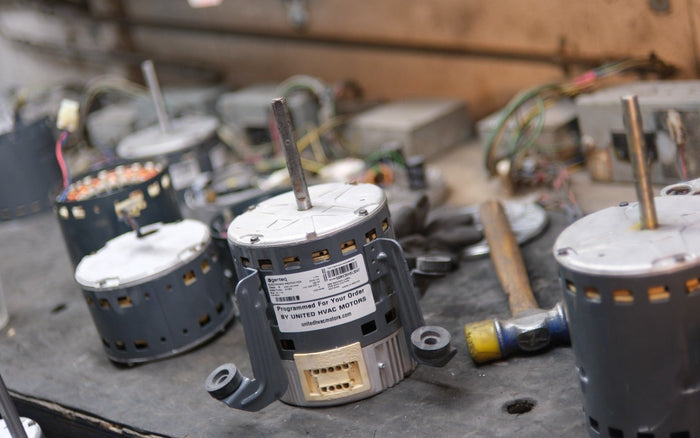 Remanufactured Genteq ECM blower motor at the United HVAC Motors shop in Tampa, Florida
