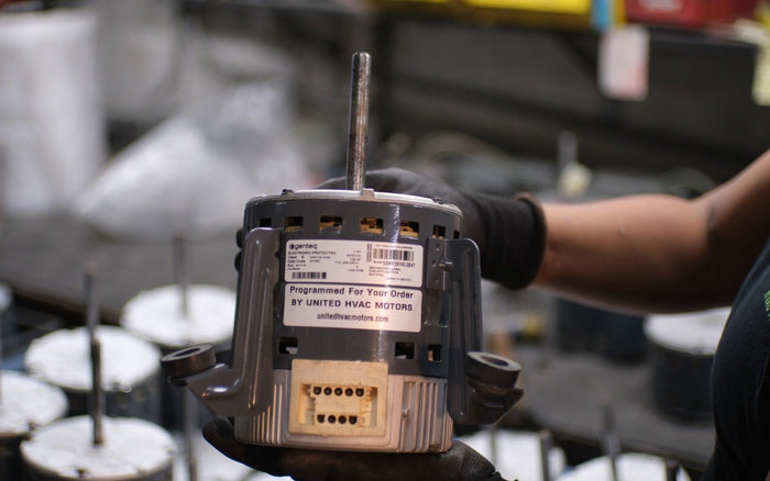 Remanufactured Genteq ECM blower motor at the United HVAC Motors shop in Tampa, Florida