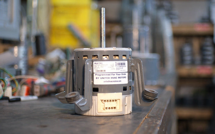 Remanufactured Genteq ECM blower motor at the United HVAC Motors shop in Tampa, Florida