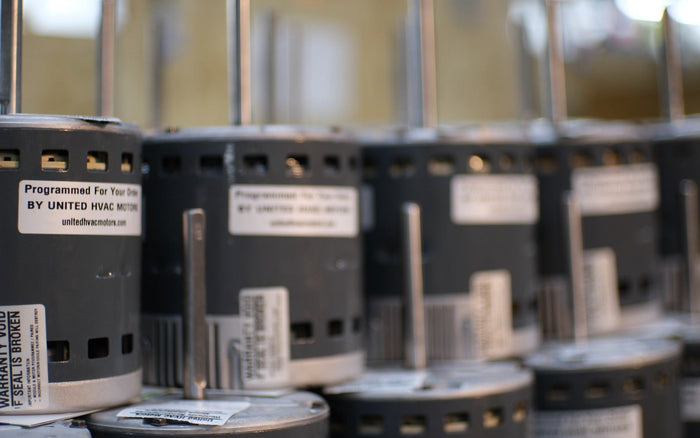 Remanufactured Genteq ECM blower motor at the United HVAC Motors shop in Tampa, Florida