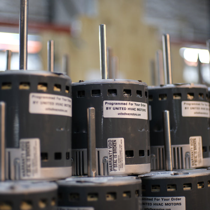 Remanufactured Genteq ECM blower motor at the United HVAC Motors shop in Tampa, Florida