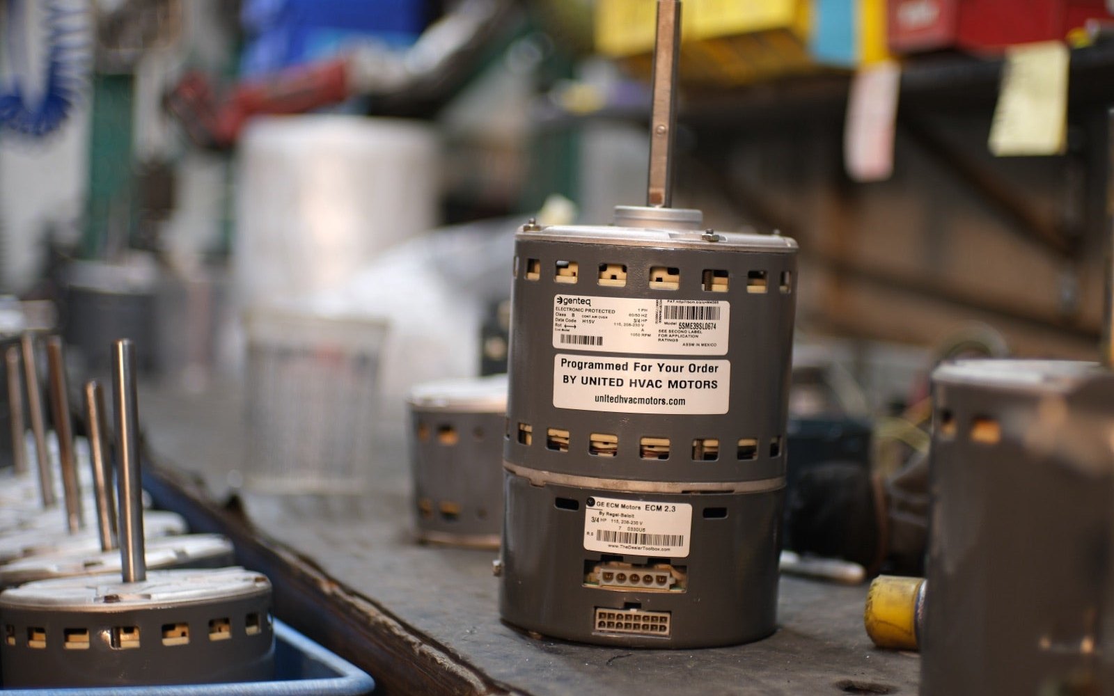 Remanufactured Genteq ECM blower motor at the United HVAC Motors shop in Tampa, Florida