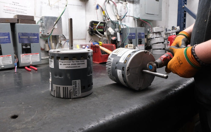 Remanufactured Genteq ECM blower motor at the United HVAC Motors shop in Tampa, Florida