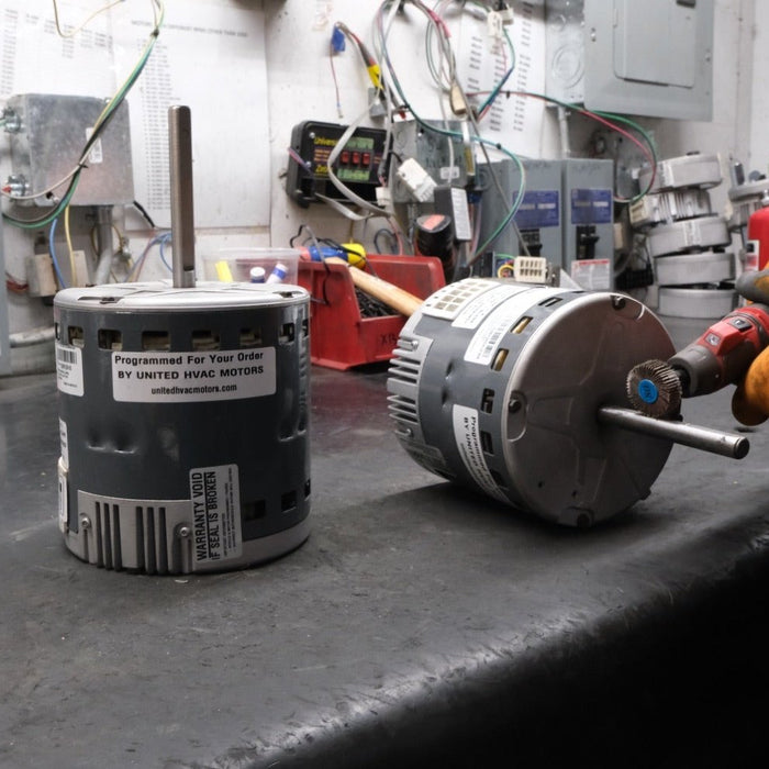 Remanufactured Genteq ECM blower motor at the United HVAC Motors shop in Tampa, Florida