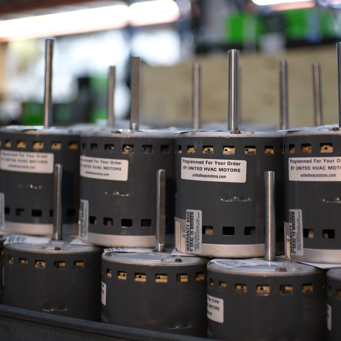 Remanufactured Genteq ECM blower motor at the United HVAC Motors shop in Tampa, Florida