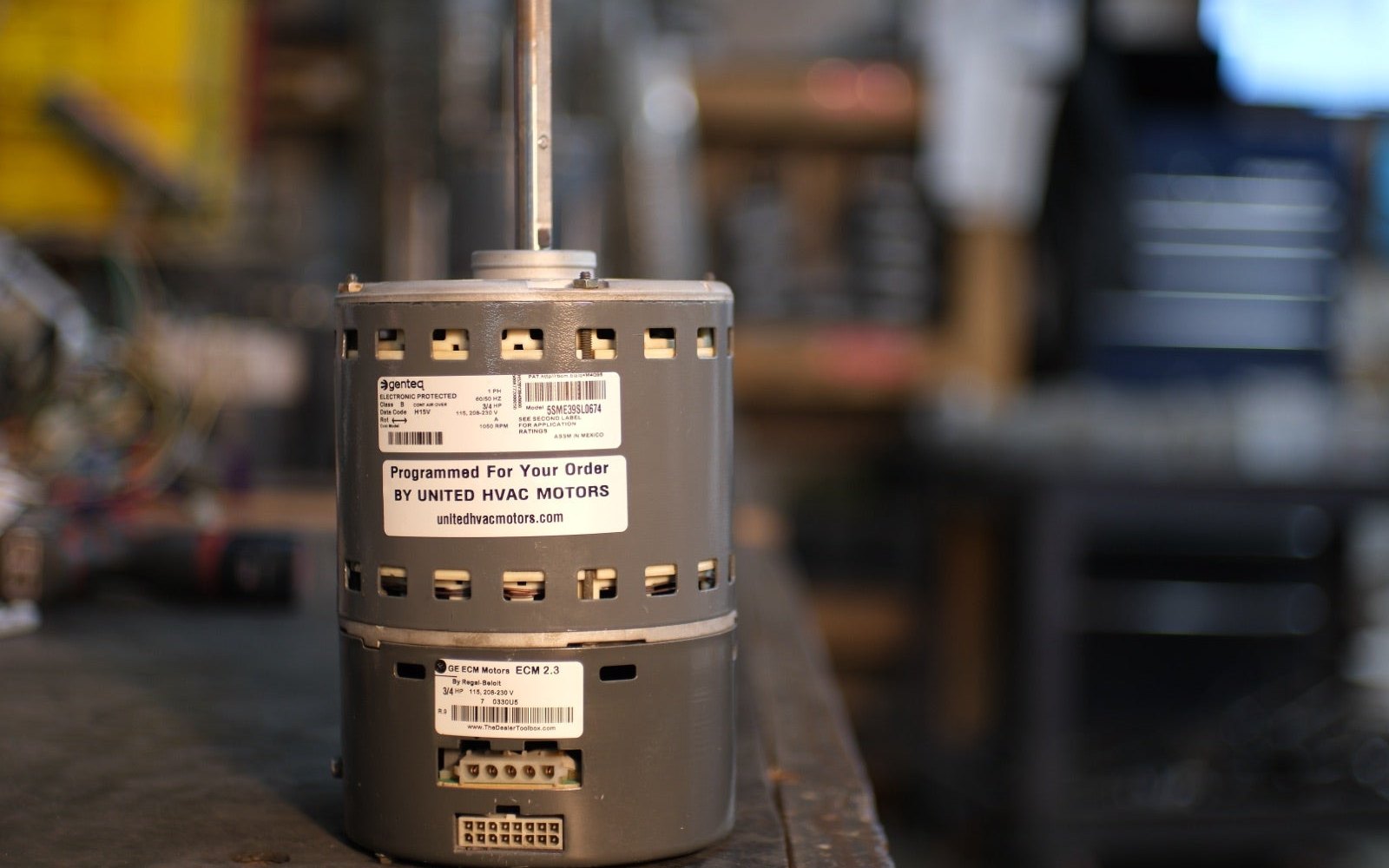 Remanufactured Genteq ECM blower motor at the United HVAC Motors shop in Tampa, Florida