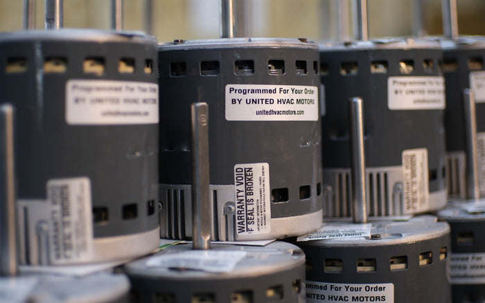 Remanufactured Genteq ECM blower motor at the United HVAC Motors shop in Tampa, Florida