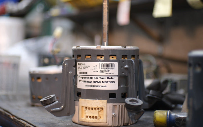 Remanufactured Genteq ECM blower motor at the United HVAC Motors shop in Tampa, Florida