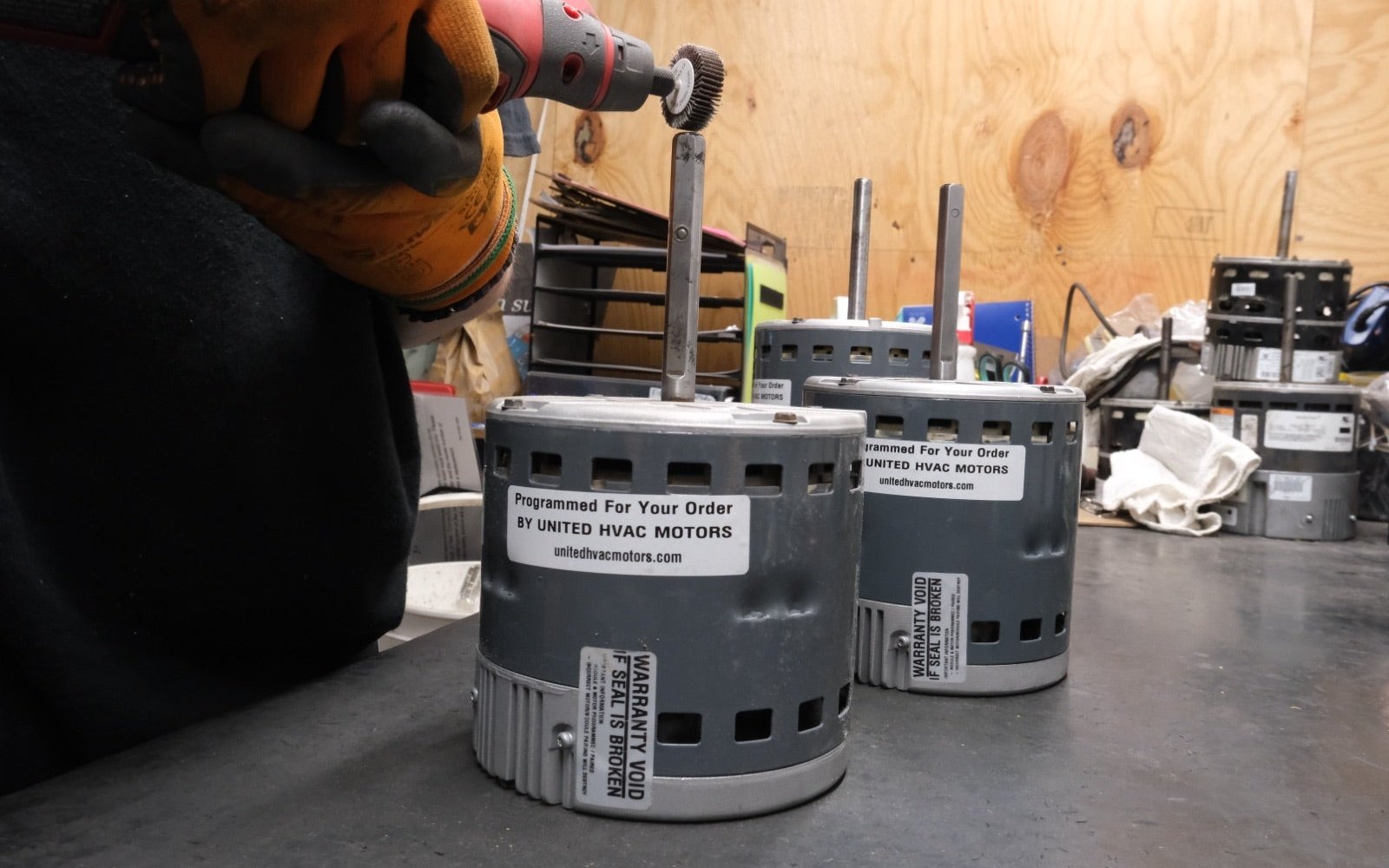 Remanufactured Genteq ECM blower motor at the United HVAC Motors shop in Tampa, Florida