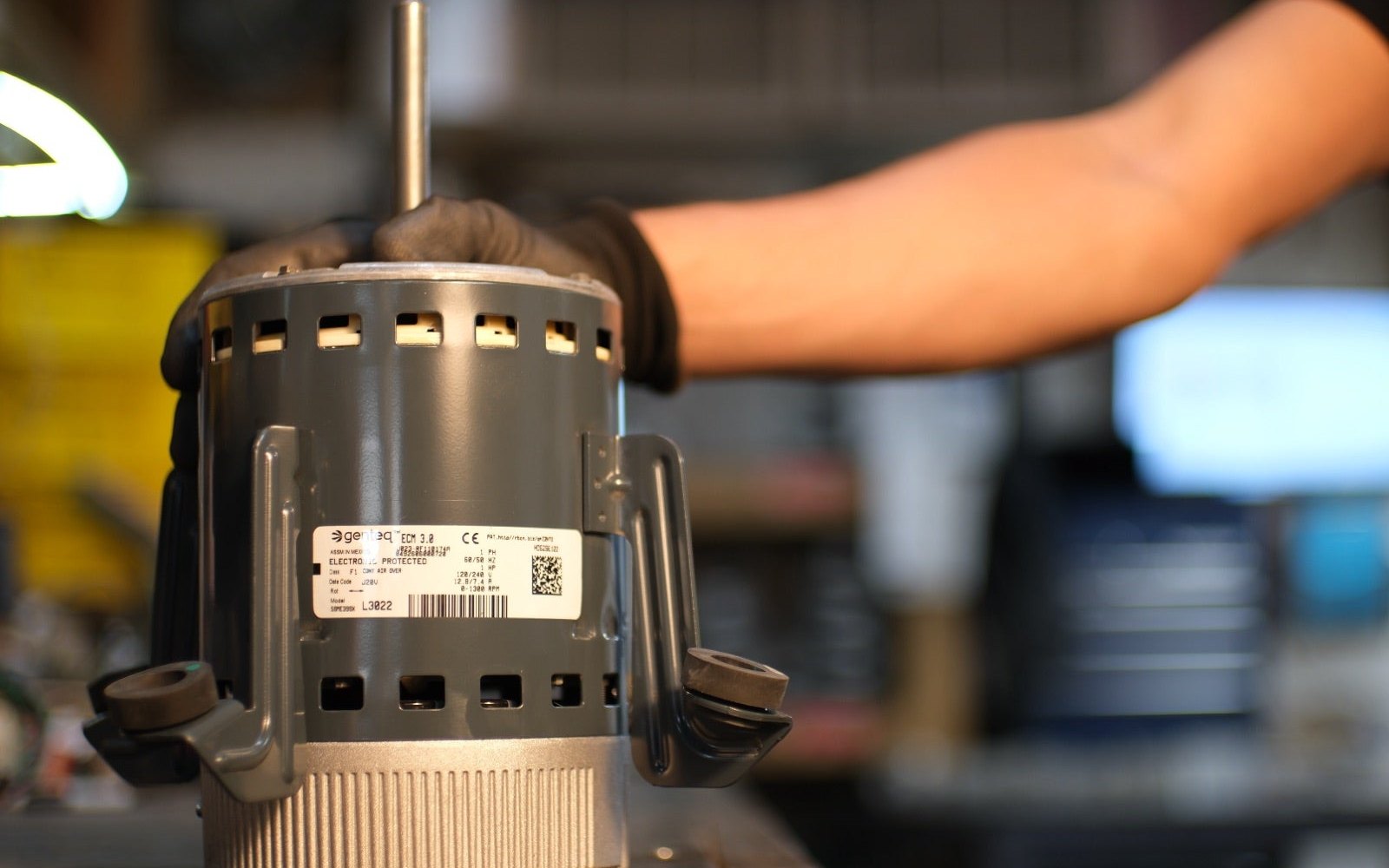 Remanufactured Genteq ECM blower motor at the United HVAC Motors shop in Tampa, Florida