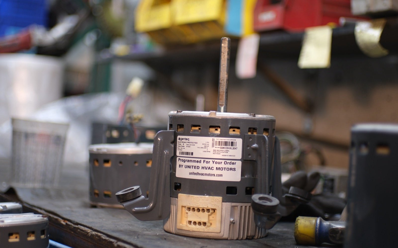 Remanufactured Genteq ECM blower motor at the United HVAC Motors shop in Tampa, Florida
