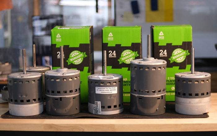Remanufactured Genteq ECM blower motor at the United HVAC Motors shop in Tampa, Florida