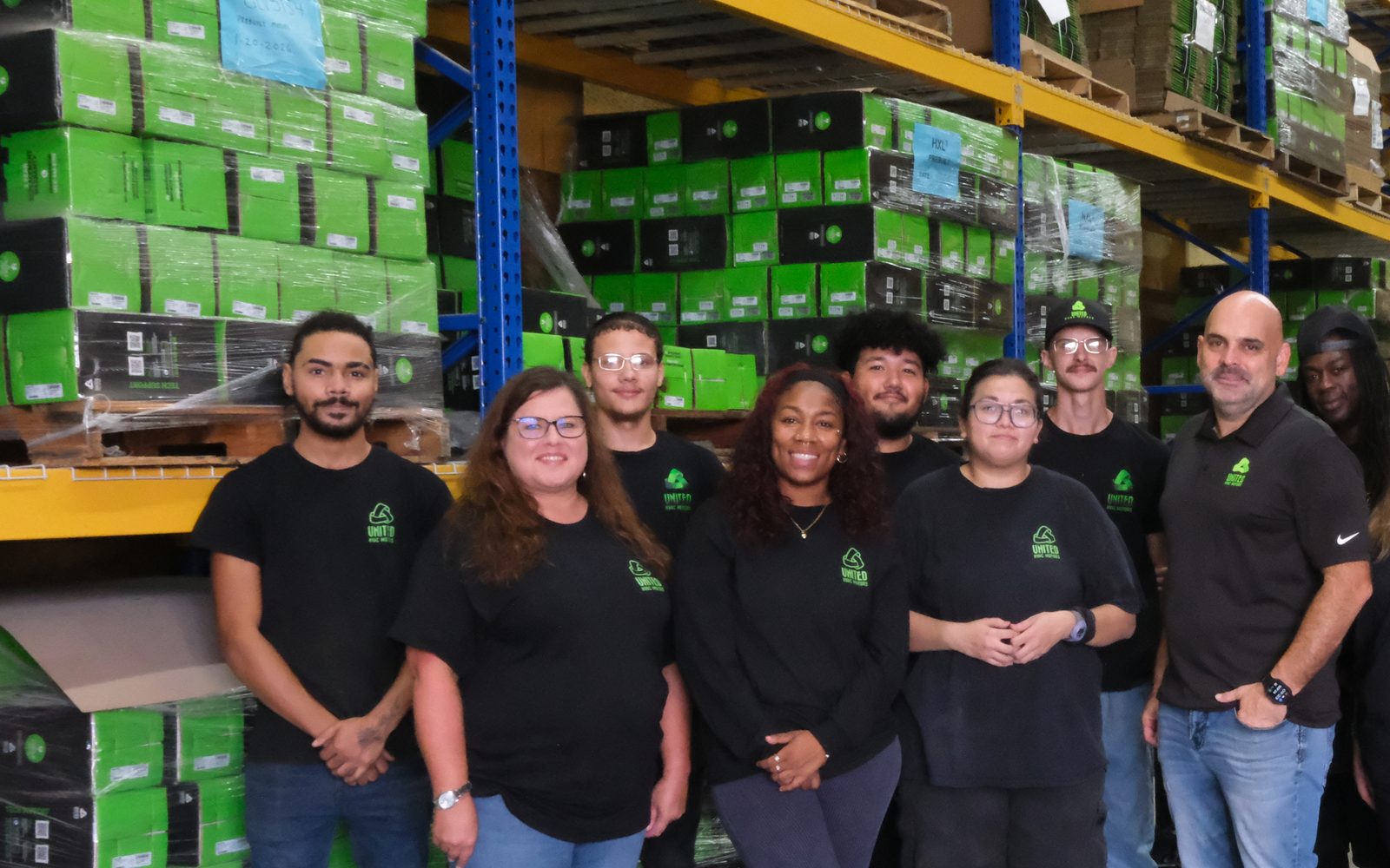 Remanufactured Genteq ECM blower motors on the warehouse racks with the United HVAC Motors team in Tampa, Florida