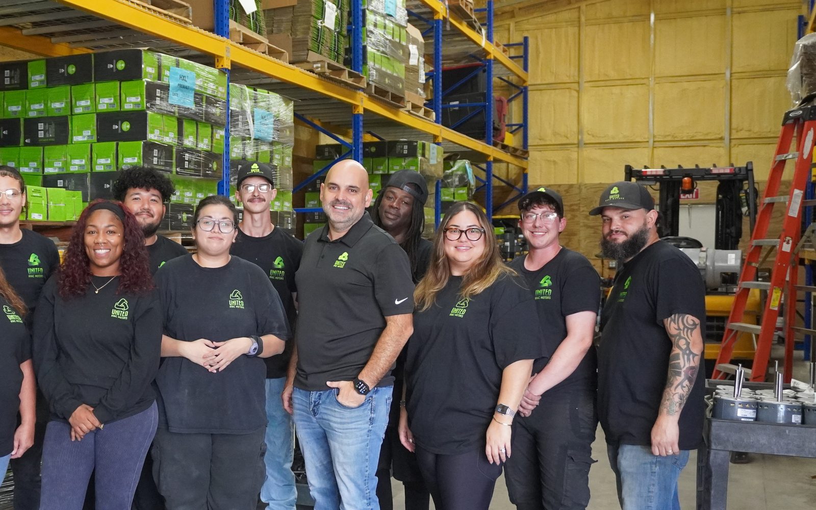 The United HVAC Motors team in the warehouse in Tampa, Florida