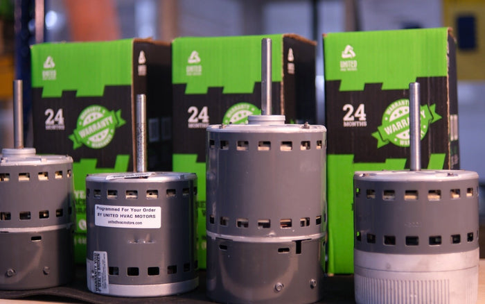 Remanufactured Genteq ECM blower motor at the United HVAC Motors shop in Tampa, Florida
