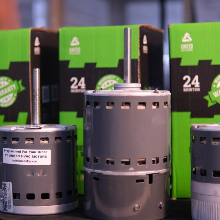 Remanufactured Genteq ECM blower motor at the United HVAC Motors shop in Tampa, Florida