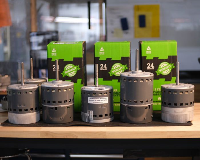 Remanufactured Genteq ECM blower motor at the United HVAC Motors shop in Tampa, Florida
