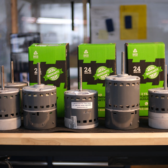 Remanufactured Genteq ECM blower motor at the United HVAC Motors shop in Tampa, Florida