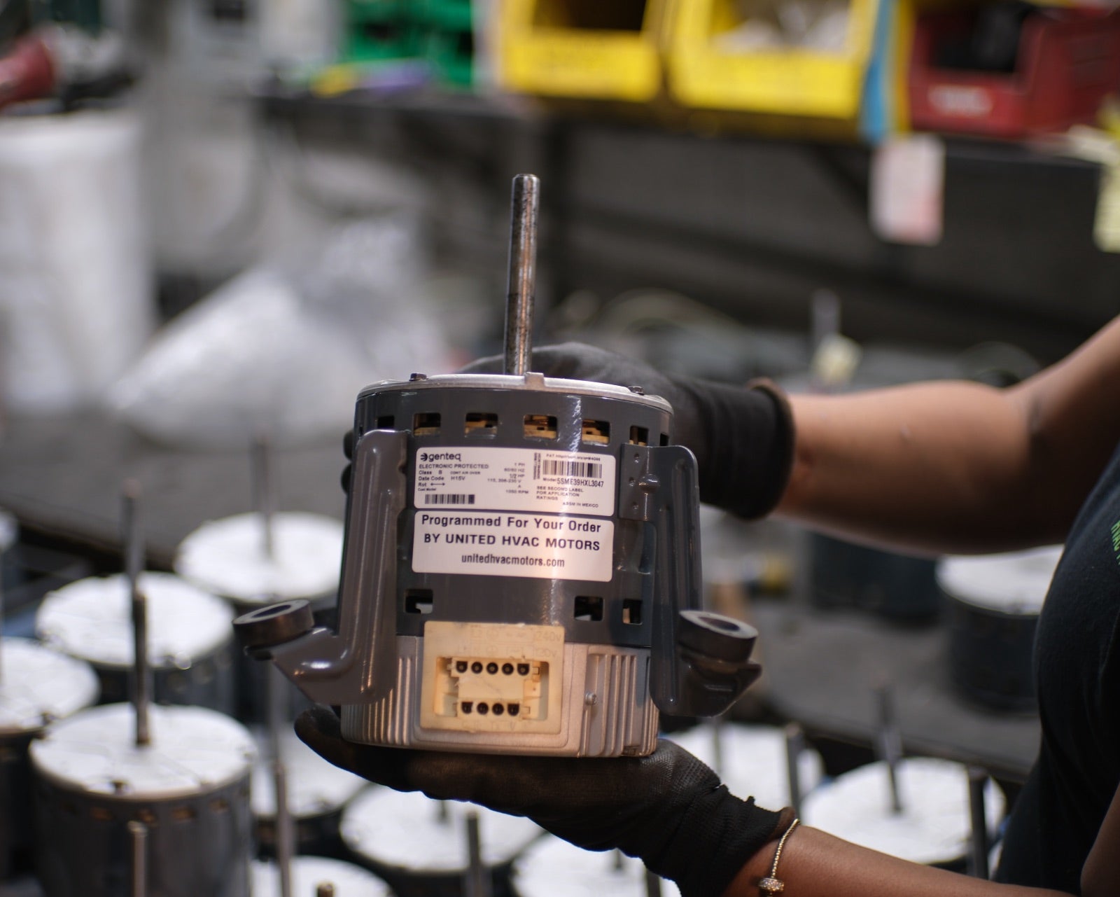 Remanufactured Genteq ECM blower motor at the United HVAC Motors shop in Tampa, Florida