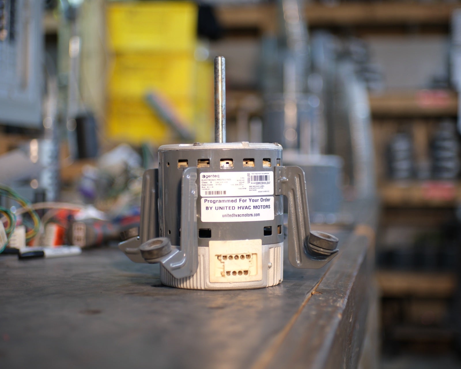 Remanufactured Genteq ECM blower motor at the United HVAC Motors shop in Tampa, Florida