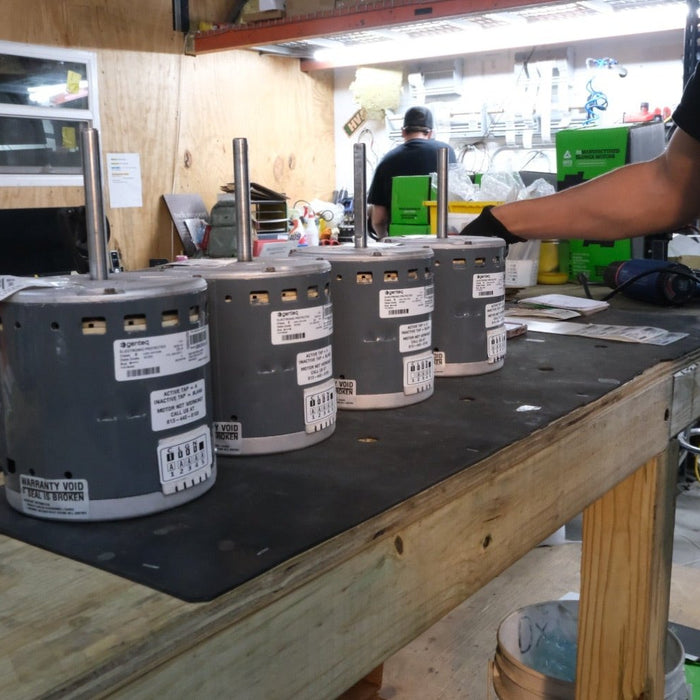 Remanufactured Genteq ECM blower motor at the United HVAC Motors shop in Tampa, Florida