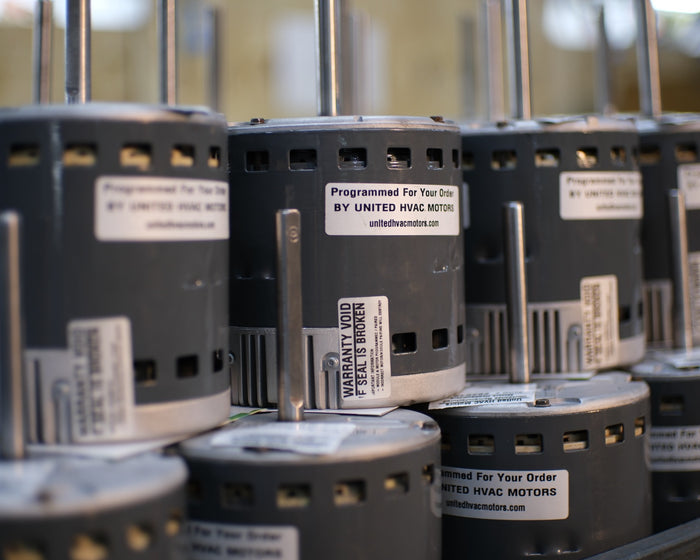 Remanufactured Genteq ECM blower motor at the United HVAC Motors shop in Tampa, Florida