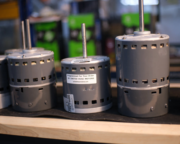 Remanufactured Genteq ECM blower motor at the United HVAC Motors shop in Tampa, Florida
