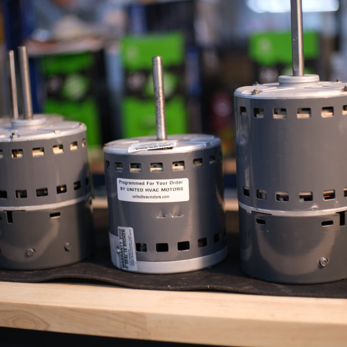 Remanufactured Genteq ECM blower motor at the United HVAC Motors shop in Tampa, Florida