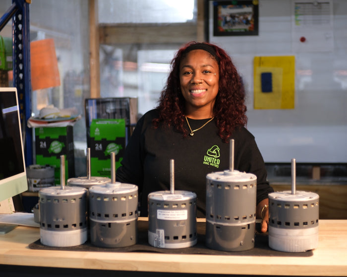 Remanufactured Genteq ECM blower motor at the United HVAC Motors shop in Tampa, Florida