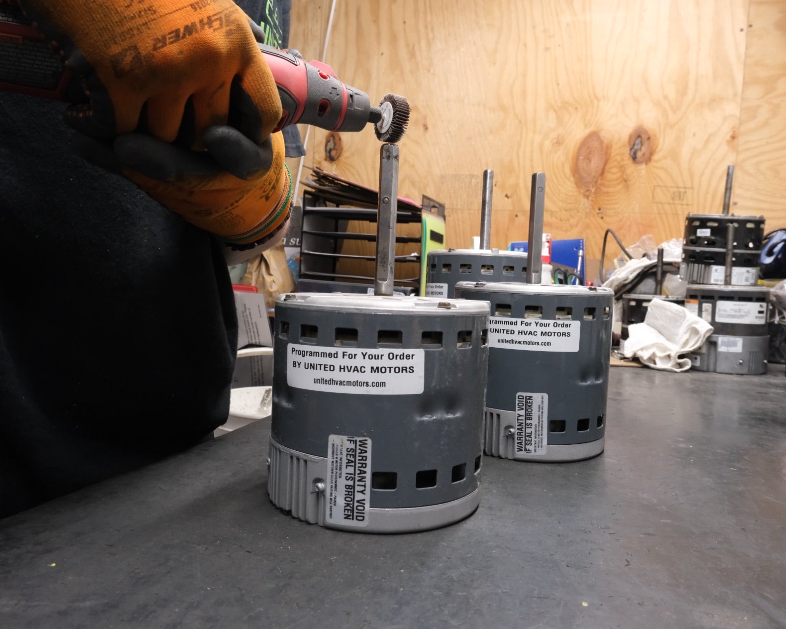 Remanufactured Genteq ECM blower motor at the United HVAC Motors shop in Tampa, Florida