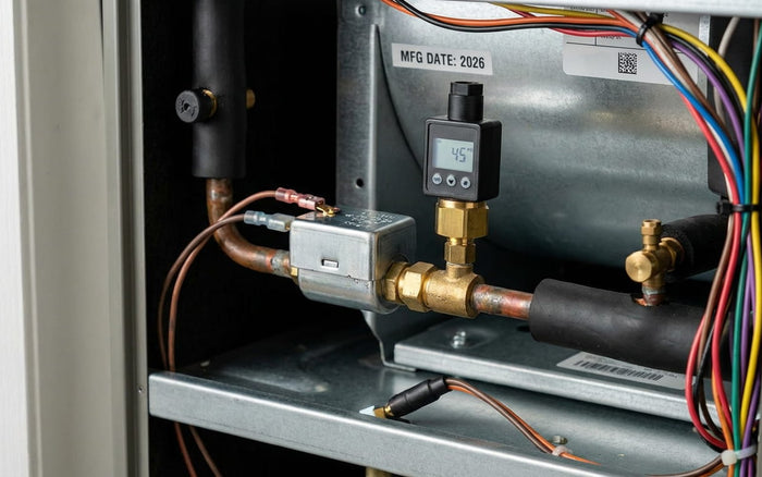HVAC refrigerant line and low pressure switch inside an air handler