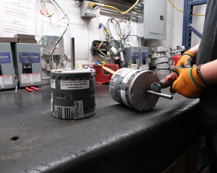 Remanufactured Genteq ECM blower motor at the United HVAC Motors shop in Tampa, Florida