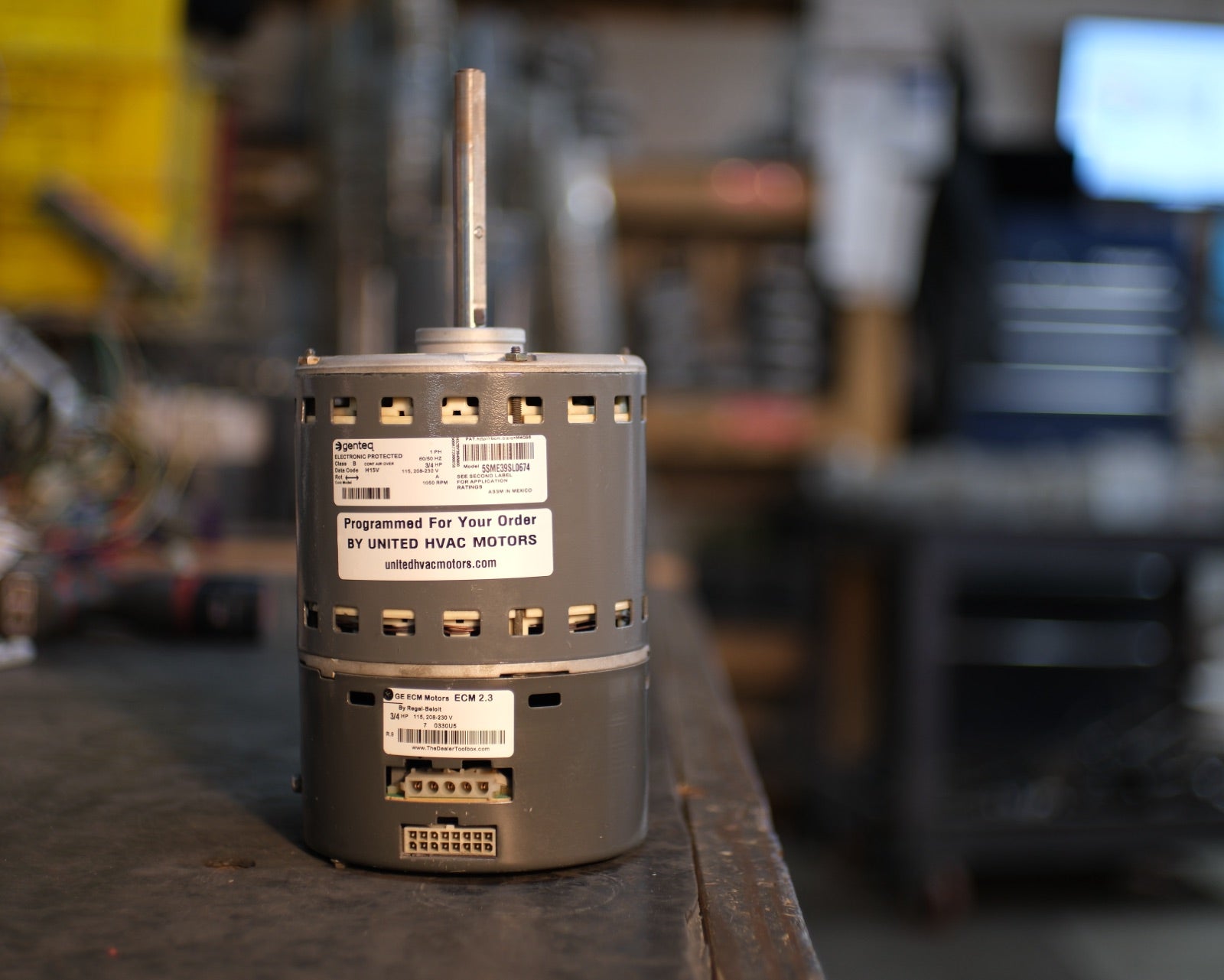 Remanufactured Genteq ECM blower motor at the United HVAC Motors shop in Tampa, Florida