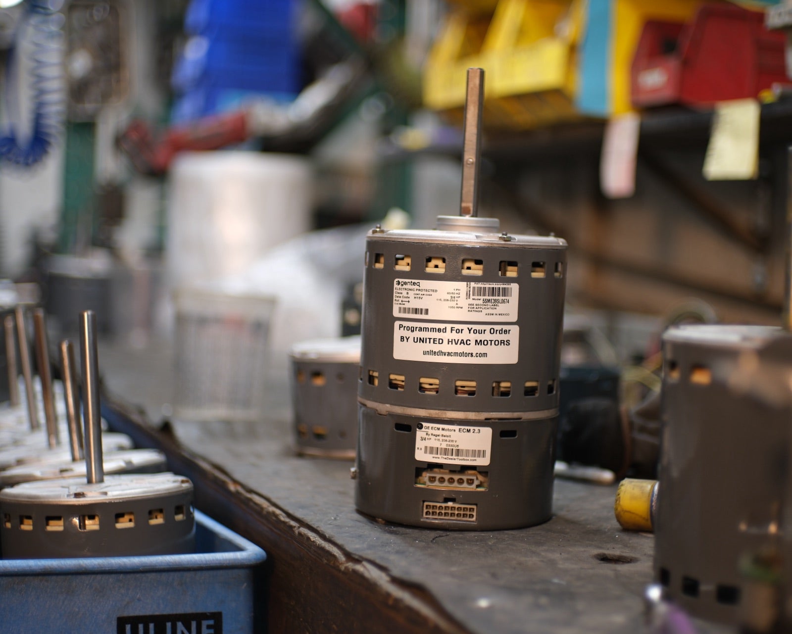 Remanufactured Genteq ECM blower motor at the United HVAC Motors shop in Tampa, Florida