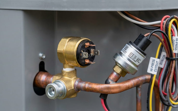 HVAC high pressure switch and refrigerant valve on a condensing unit